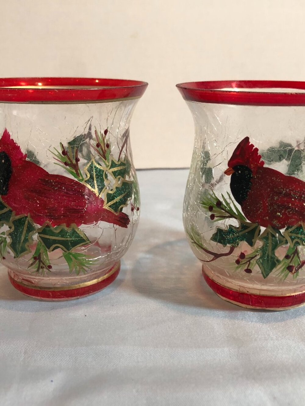 LOT of 2 CARDINAL Tea Light Candle Crackle Glass Holders #F44
